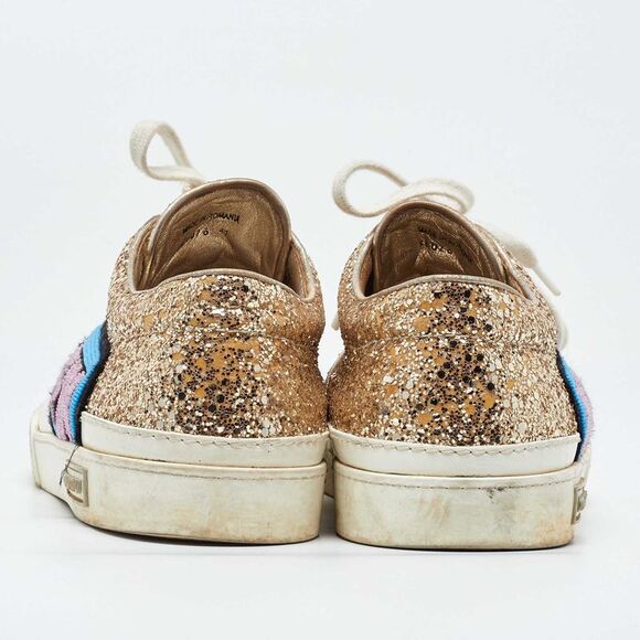Miu Miu White/gold Leather And Glitter Low Top Sneakers Size 41